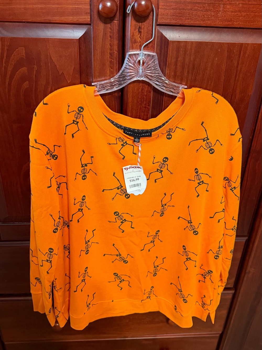 Jane and Delancey Orange Crewneck with Black Skeleton Print